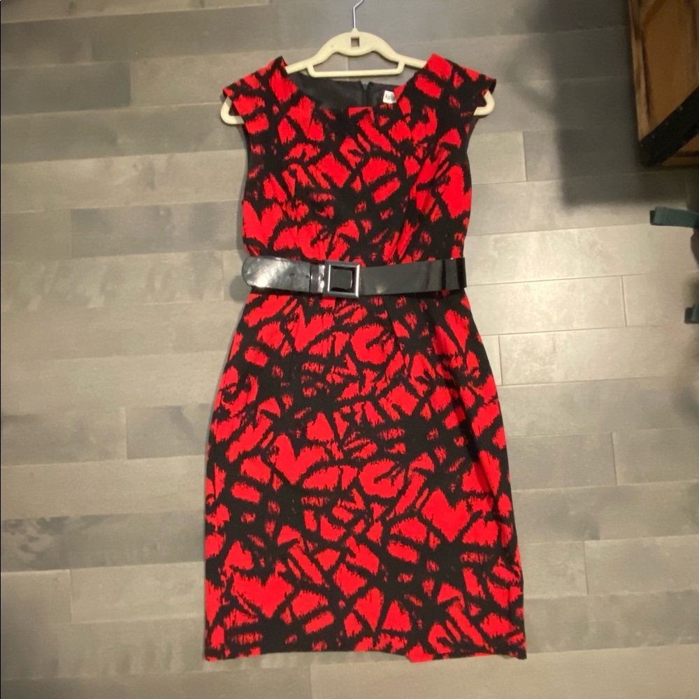 Red and Black Belted Cocktail Dress (just below the knee)